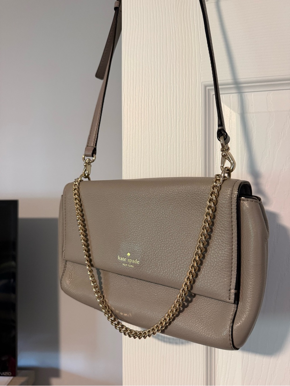kate spade taupe shoulder bag with gold chain